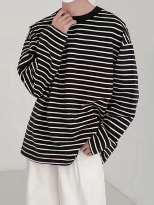 Striped T-shirts Men Long Sleeve Baggy Korean Style Srteetwear Fashion All-match Contrast Color Temperament Tops Daily Leisure