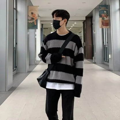 Men's Knitted Light Luxury Pullover Sweater Men Casual Striped Vintage Loose O Neck Solid Color Long Sleeve Streetwear Knitwear