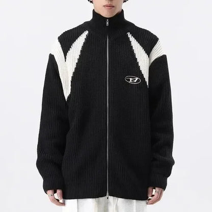 Y2K Knitted Cardigan Sweater Men Vintage Streetwear Coat Male Hip Hop Korean Jumpers Jacket Turtleneck Patchwork Zipper