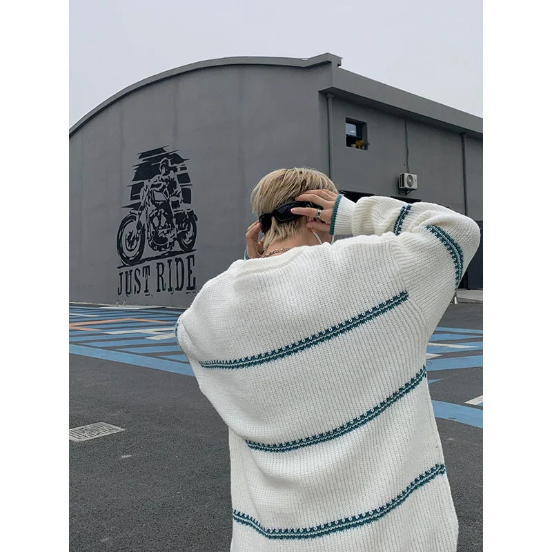 saferido Men Streetwear Harajuku Vintage Knitwears Oversized Knitted Sweater Winter Korean Fashions Striped Sweaters Pullovers