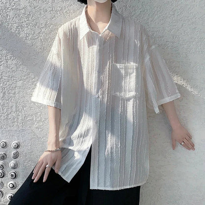 saferido Spring Summer Men's Solid Shirts Short Sleeve Harajuku Style Cardigan Casual  Blouses Male Plus Size Lapel Shirt