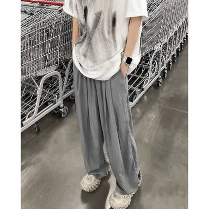 saferido Summer Casual Pants Men Solid Simple Ice Silk Breathable Baggy Wide Leg Trousers Japanese Style Vintage Fashion Couples Chic Ins