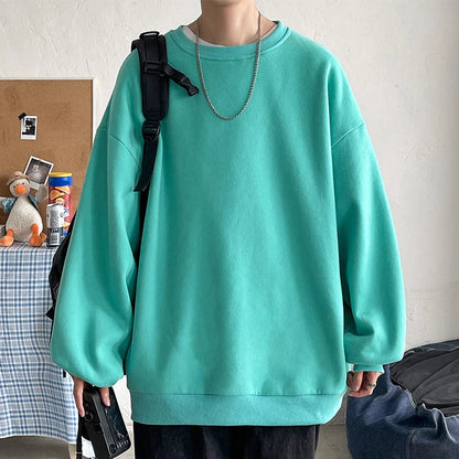 saferido Harajuku Sweatshirts Men Korean Solid Color Basic O Neck Oversized Pullovers Spring Autumn Simple Fashion Casual Tops 5XL-M