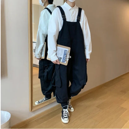 saferido Suspenders Jumpsuit Pants Men Summer Overalls Japanese Loose Straps Casual Pockets Unisex Oversize Streetwear Solid Man Clothing
