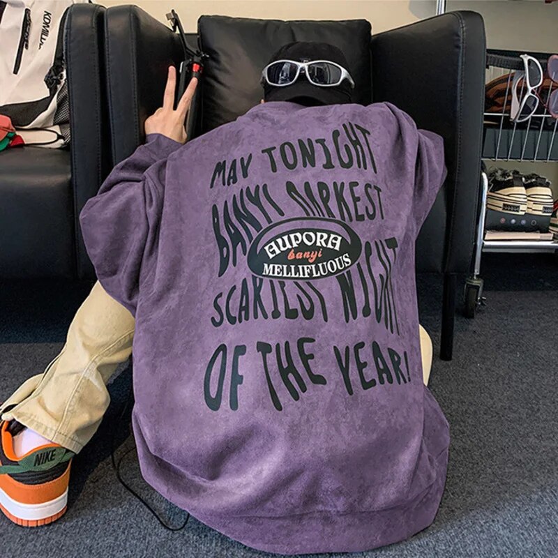 Autumn New Suede Sweatshirts Man Loose Urban Gothic Style Letter Printing Fashion Pullovers Street Tops Sweatshirt Harajuku Y2k