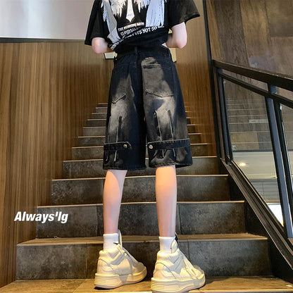 saferido New Mens Fake Zippers Jeans Shorts Korean Fashion Shorts Harajuku High Street Men Clothing Casual Shorts Streetwear Short Pants