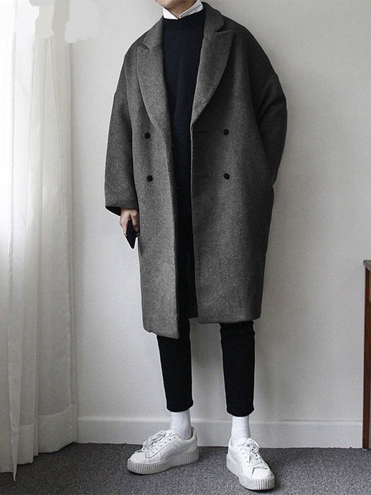 Autumn Winter Loose Casual Grey Black Soft Warm Woolen Cocoon Coat Men Lapel Double Breasted Korean Fashion