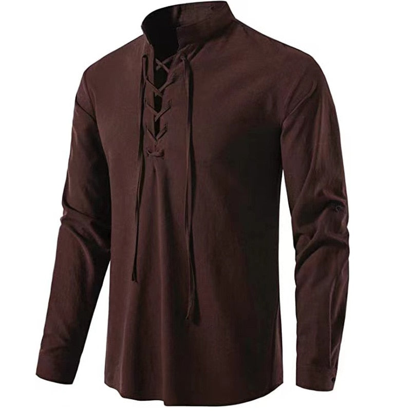 Men's V-neck shirt T-shirt Fashion Vintage Thin Long Sleeve Top men Casual Breathable Viking Front Lace Up man Shirts