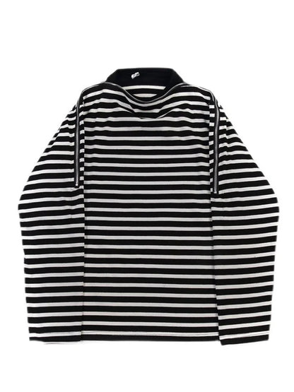 saferido Wide Streetwear Open Shoulder Zipper Fake Two Pieces Stripe Long Sleeve Top Men's Loose Long Sleeved T-shirt Spring