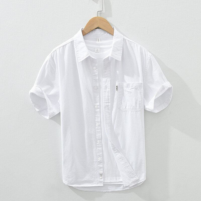 Mens Button Up Shirt Short Sleeve Pure Cotton Turn-down Collar Casual Shirts Male Solid Regular Summer New Korean Clothes