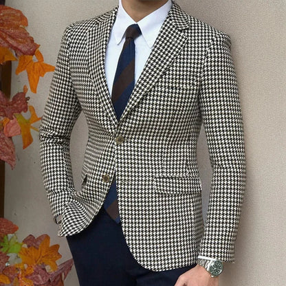 Houndstooth Plaid Blazer for Men One Piece Suit Jacket with 2 Side Slit Slim Fit Casual Male Coat Fashion Clothes