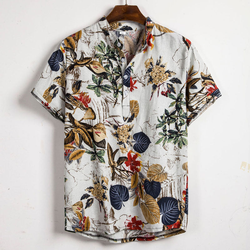 Summer New Short Sleeve Floral Hawaiian Shirt Men Half Placket Collar Beach Shirt Men Casual Holiday Vacation Clothing 3XL