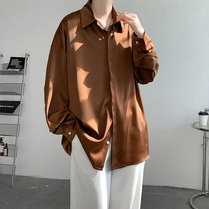 saferido Korean Fashion Ice Silk Shirts for Men Spring Summer Solid Color Long Sleeve Casual Loose Comfortable Button Up Shirt 5XL-M
