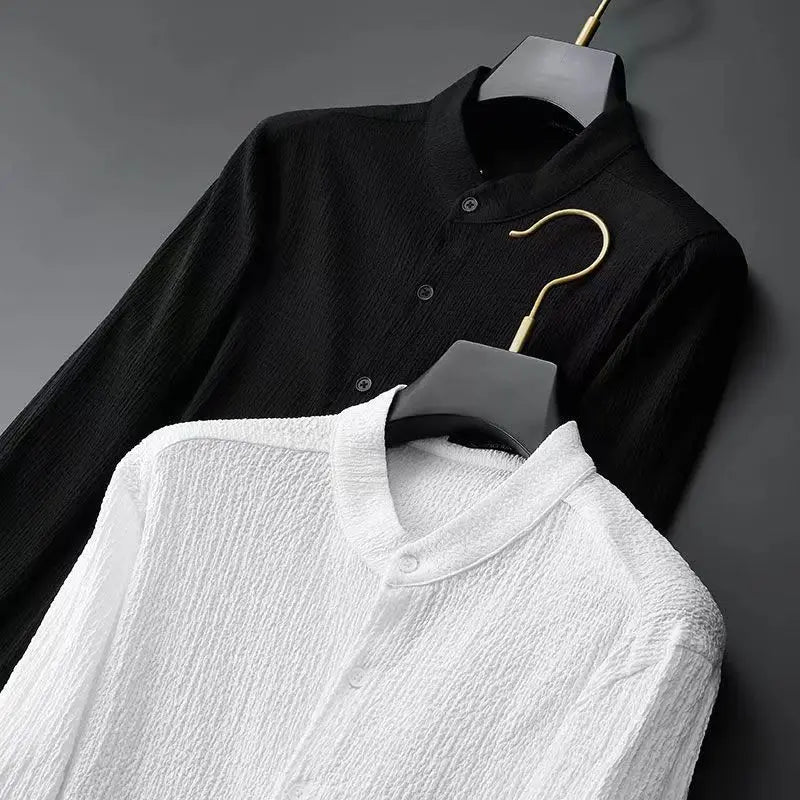 Spring Summer New Fashion Suit Men Long Sleeve Casual Shirts And Pant Seersucker Striped Pleats Slim Handsome Two-piece Set