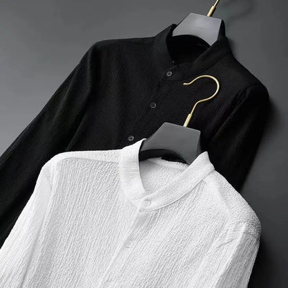 Spring Summer New Fashion Suit Men Long Sleeve Casual Shirts And Pant Seersucker Striped Pleats Slim Handsome Two-piece Set