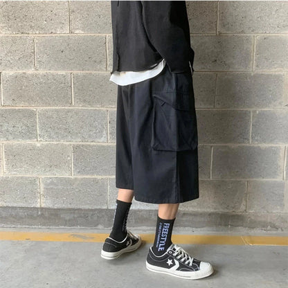 saferido Casual Cargo Pants Men Calf-length Letter Oversize All-match Baggy Wide Leg Trousers High Street Hip Hop Trendy Harajuku Chic