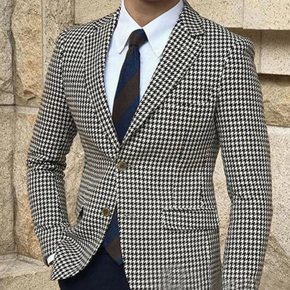 Houndstooth Plaid Blazer for Men One Piece Suit Jacket with 2 Side Slit Slim Fit Casual Male Coat Fashion Clothes