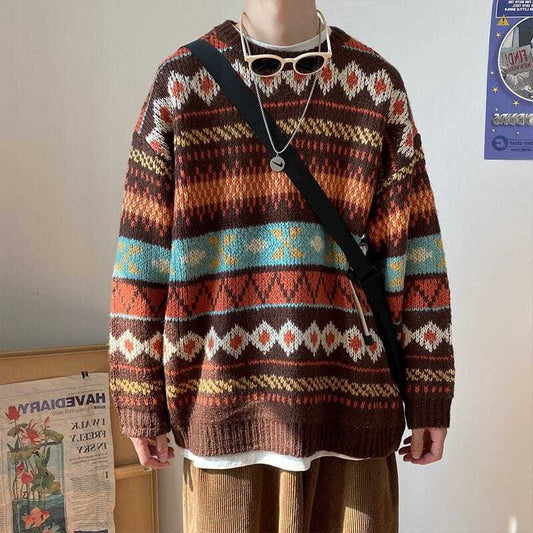 Men's Knitted Vintage Graphic Sweater with Pattern Brown Blue Pullovers Sweaters and Jumpers Korean Streetwear Harajuku