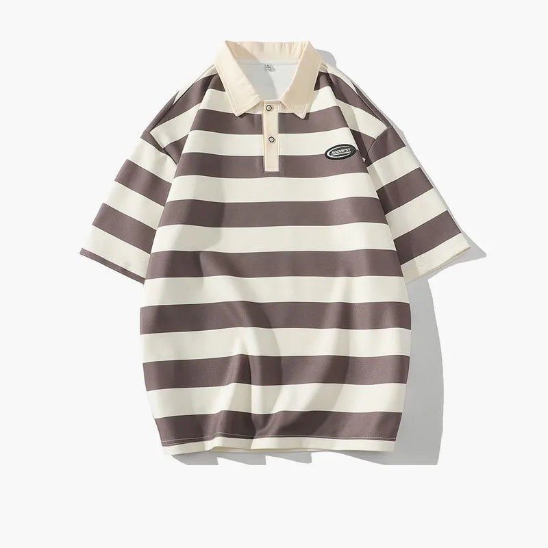 New Striped Polo Shirt Men T-shirt Casual Short Sleeve Fashion Streetwear Men's Clothing Tops Tees Striped Oversized Men T-shirt