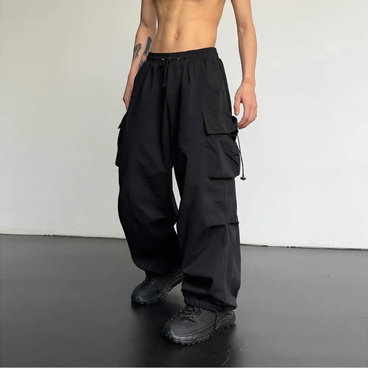 saferido Spring Summer Fashion Casual Pans For Men Streetwear Solid Color Cargo Pants Elastic Waist Wide Leg Men's Joggers