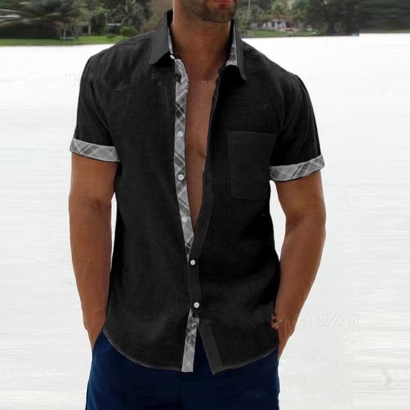 Vintage Plaid Print Mens Patchwork Shirts Fashion Loose Short Sleeve Button Cardigan Tops Men Clothes Spring Summer Casual Shirt