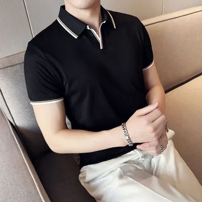 saferido  Summer New Style Men's Casual Slim Fit Short Sleeve Solid Color POLO Shirt British Slim Lapel Color Blue T-shirt Polo S-4XL