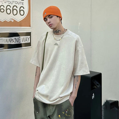 saferido Brand Suede Short Sleeve T-shirts Man 2024 Spring Spring New Baggy Embroidery O Neck T Shirt Man Fashion Male Clothes