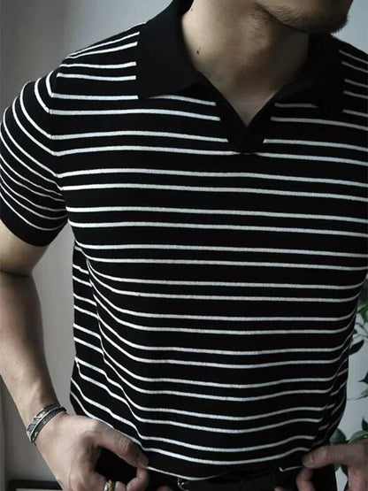 Vintage Striped Knit Polo Shirts Men Short Sleeve Casual Tops Spring Summer Mens Fashion Buttoned Turn-down Collar Slim T Shirt
