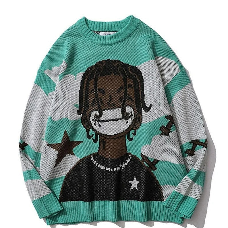 High Street Knitted Sweater Men Van Gogh Graffiti Print Sweaters Cotton Harajuku Loose Padded Pullover Women Streetwear Autumn