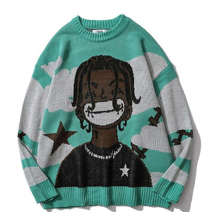 High Street Knitted Sweater Men Van Gogh Graffiti Print Sweaters Cotton Harajuku Loose Padded Pullover Women Streetwear Autumn