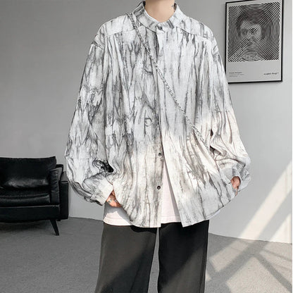 saferido Stand Collar Tie-dye Shirt Men Handsome Long Sleeve Men's Clothing Spring Autumn Korean Loose Streetwear Casual Shirts