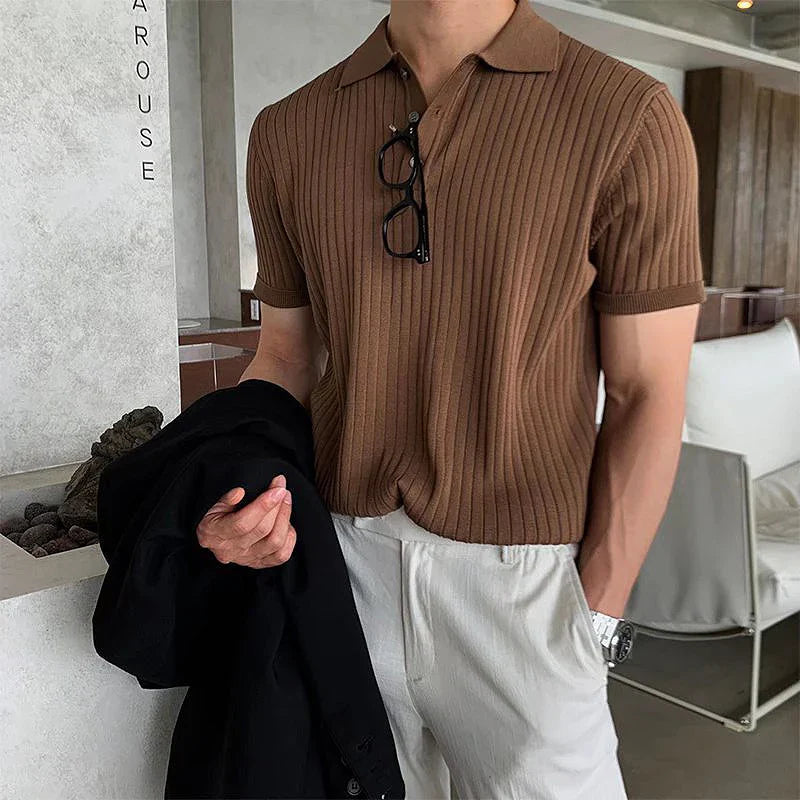 Men's Clothing Luxury Knitted Polo Shirt Casual Striped Button Down Solid Color Short Sleeve Tees Breathable New Knitwear