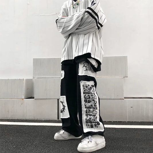 saferido Large Size Cargo Pants Men Spring Autumn Cartoon Patch Ins Fashion Casual Trousers High Street Harajuku Streetwear Male Clothes