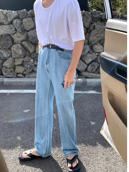 saferido Men's Straight Leg Denim Pants 2024 Summer New Korean Retro Fashion Loose Casual Male Mid-length Jeans Elastic Waist