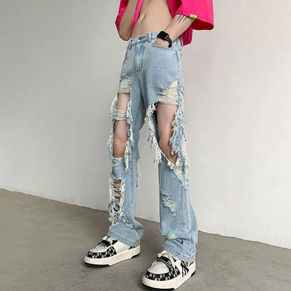 saferido Y2K Unisex Perforated Jeans Mens Summer Korean 2024 Slim Design Straight Wide Leg Denim Pants LGBT Man Sexy Ripped Fringed Jeans
