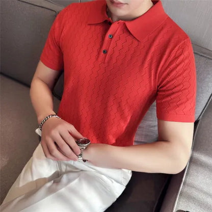 saferido British Style Men's Summer Casual Short-sleeved POLO Shirt/Male Slim Fit High Quality Wavy Striped Knitted Polo Shirt S-3XL