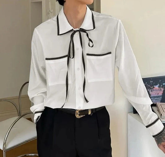 Men Casual Shirt Patchwork Lapel Long Sleeve Korean Style Men Clothing Streetwear Lace Up Elegant Shirts S-5XL