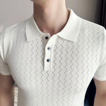 saferido British Style Men's Summer Casual Short-sleeved POLO Shirt/Male Slim Fit High Quality Wavy Striped Knitted Polo Shirt S-3XL
