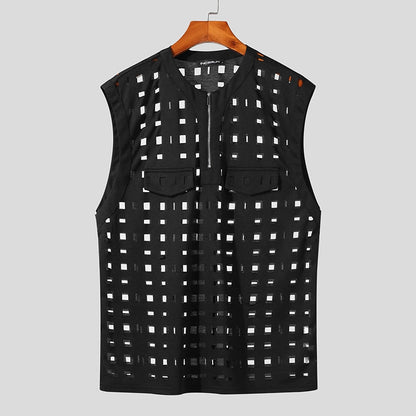 Men Tank Tops Hollow Out Zipper O-neck Sleeveless Streetwear Sexy Casual Vests Korean Fashion Men Clothing S-5XL