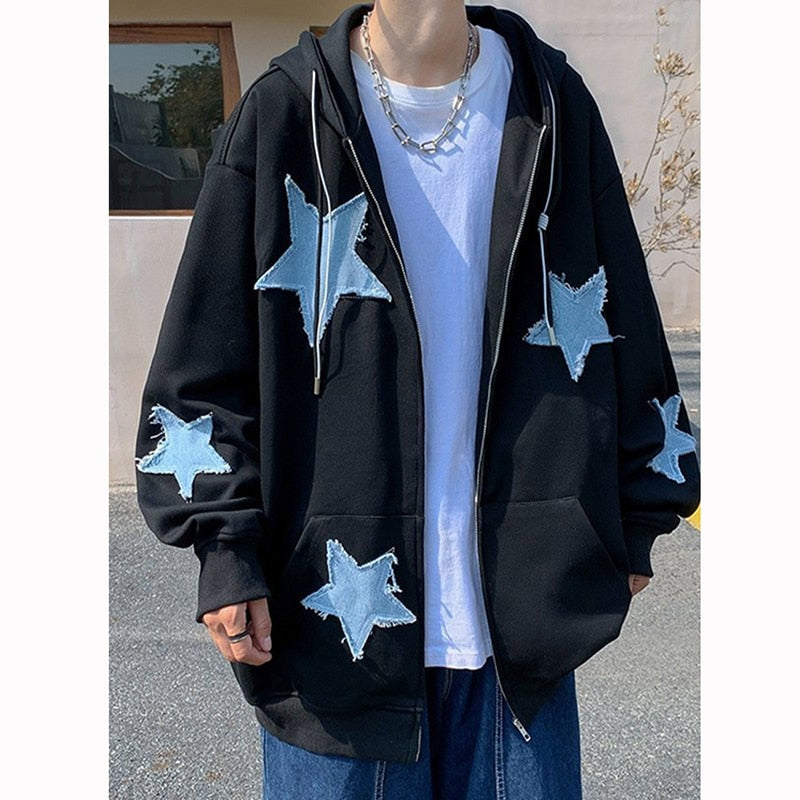 Star Zip Up Hoodie Y2k Fashion High Street Hip Hop Flocking Hoodies Women Clothing Loose Sweatshirt Clothes Tops Gothic Korean