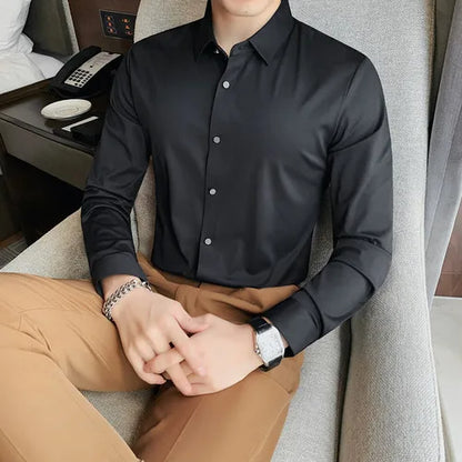 saferido Men Spring High Quality Business Shirts/Male Slim Fit Solid Color Ice silk With Long Sleeves Shirts/Man Casual Dress Shirts