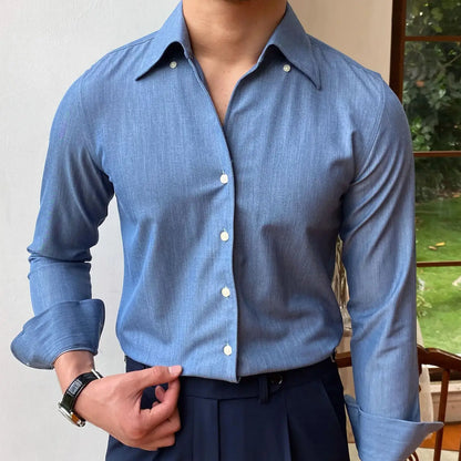 saferido British Style Casual All-match Solid Color Summer Shirt Trendy Denim Blue Business Formal Dress Shirt Long Sleeve Shirt Men