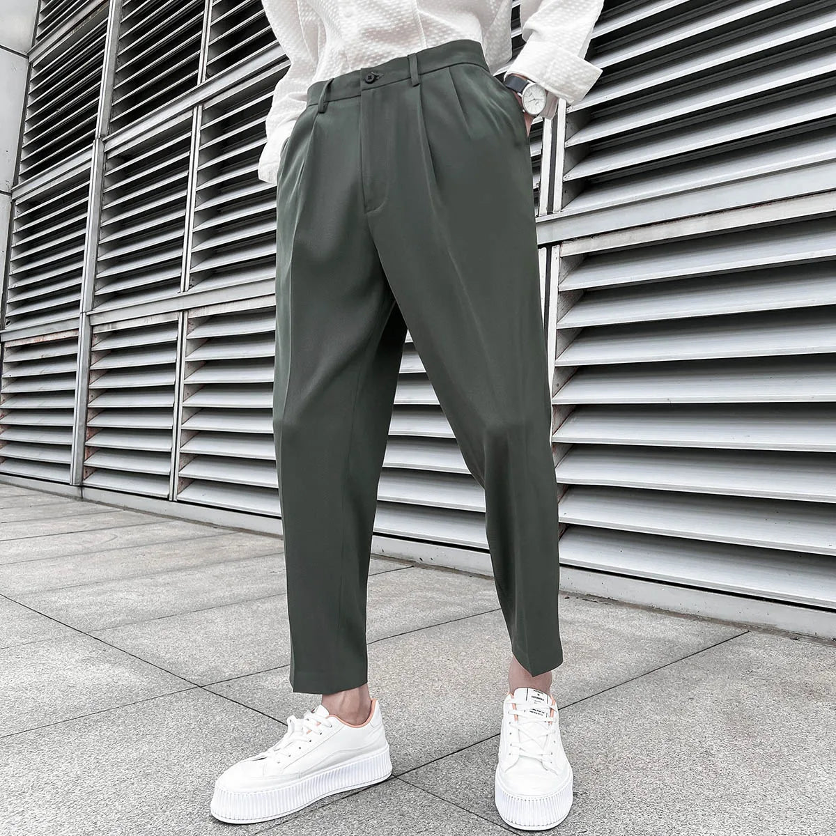 saferido Korean Business Solid Color Stretch Trousers Casual Pants Black Grey Mens Pants Office Trousers Men Tight-ankle Hombre 36