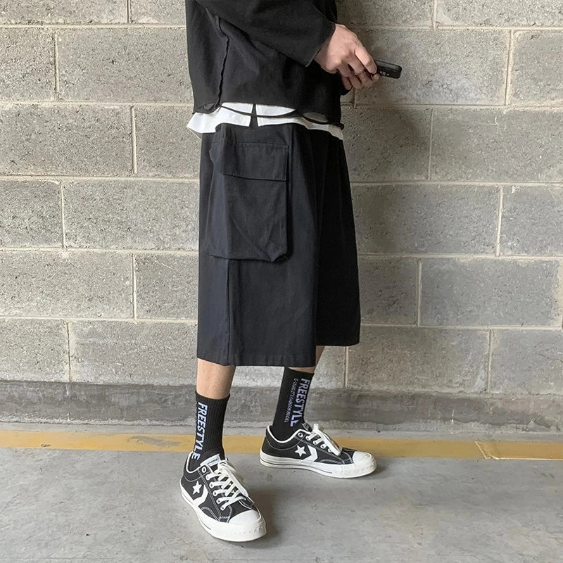 saferido Casual Cargo Pants Men Calf-length Letter Oversize All-match Baggy Wide Leg Trousers High Street Hip Hop Trendy Harajuku Chic