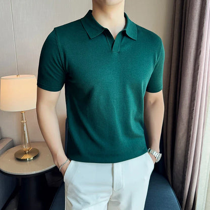 High Elasticity Men Short Sleeved Polo Shirt Summer Ice Silk Light Thin Solid Casual Lapel Knitted T-shirt Men Clothing