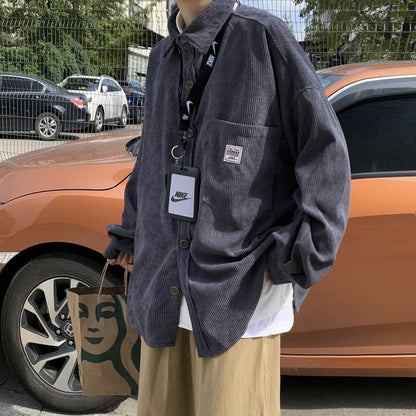 Japanese style wear Corduroy shirt men's long sleeved summer thin style wear ruffian handsome coat in spring and autumn