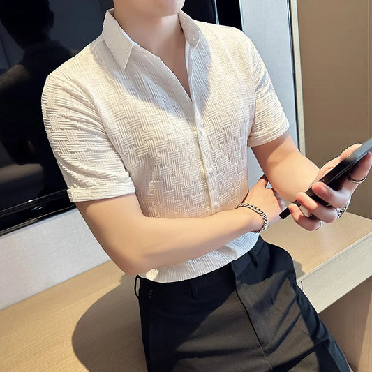 saferido Korean Style Men's Summer Casual Short-sleeved Shirts/Male Slim Fit Pure Color Plaid High Quality Shirts Plus Size S-4XL