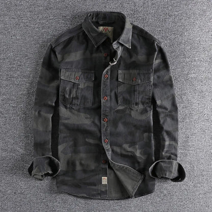 Spring Autumn New Men's Wash Camouflage American Tooling Long-Sleeved Shirt Double Pocket Everything Casual Military Youth
