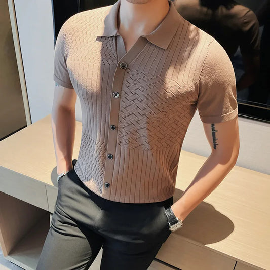 saferido Korean Style Men's Summer Casual Short Sleeves Knitted Polo Shirts/Male Slim Fit Business Fashion Stripe POLO Shirts S-4XL