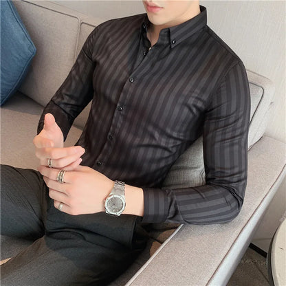saferido  Masculina Spring Shirts Men Dress Vertical Stripe Streetwear Slim Men Shirt Casual Long Sleeve Chemise Homme Tuxedo Shirt